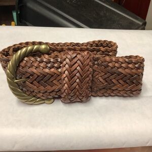 Braided Brown Leather Belt with Brass Buckle
